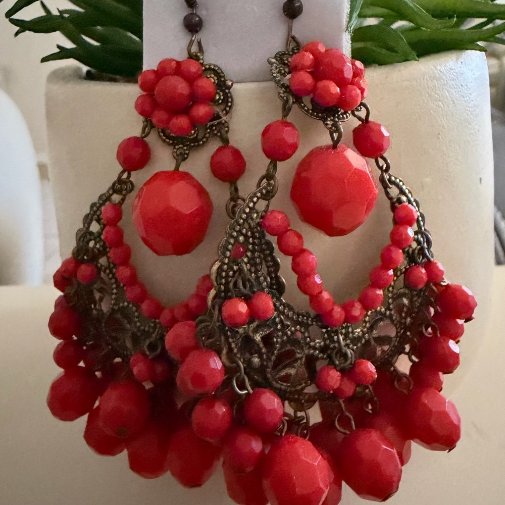 Vibrant Red Beaded Drop Earrings